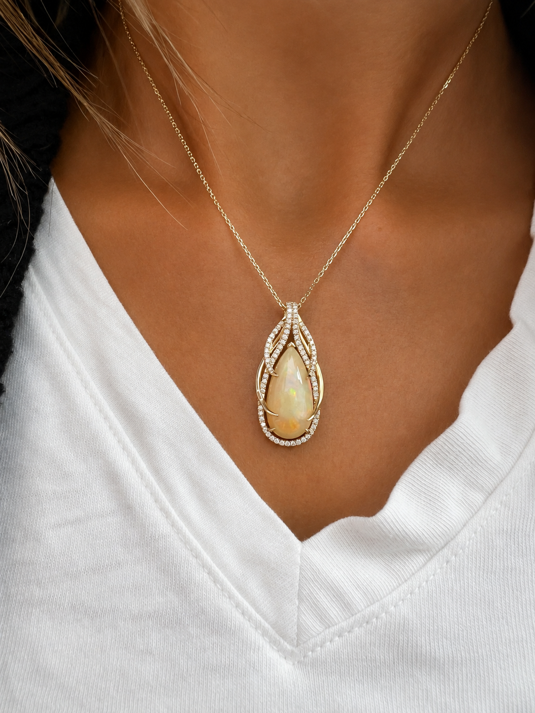14k Gold Pear-Shaped Opal & Diamond Necklace