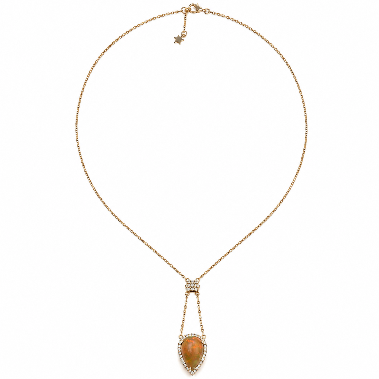 14k Solid Gold Natural Opal and Diamond Pear Drop Necklace