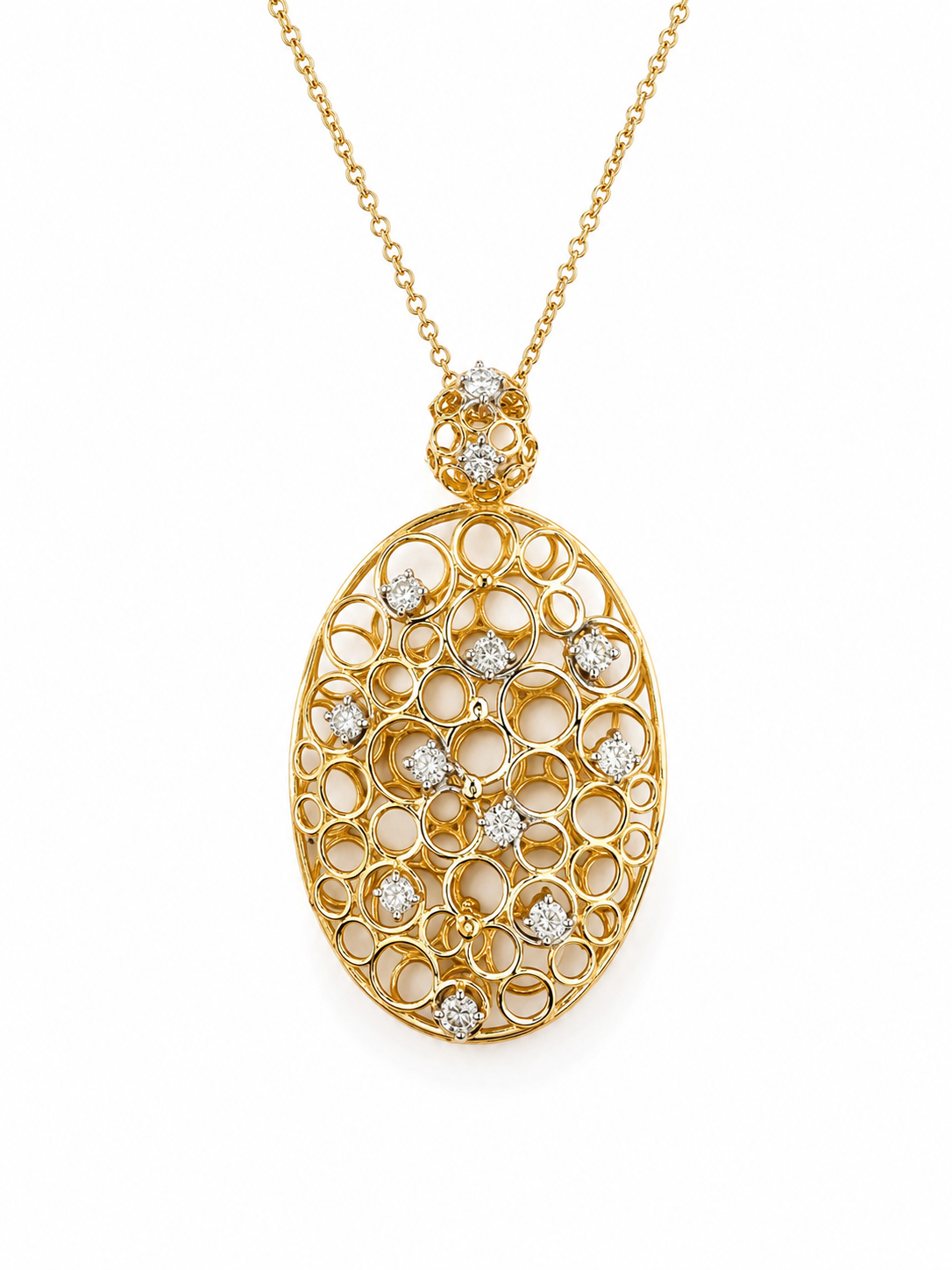 14k Gold Diamond Open Oval Bubble Pendant Necklace