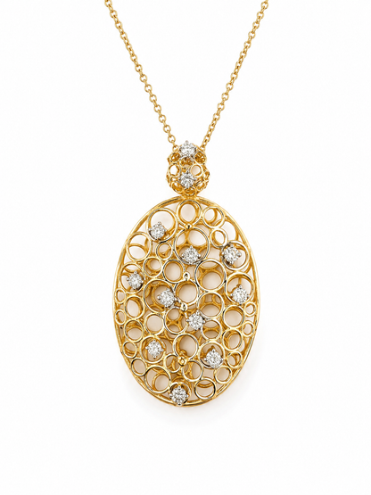 14k Gold Diamond Open Oval Bubble Pendant Necklace