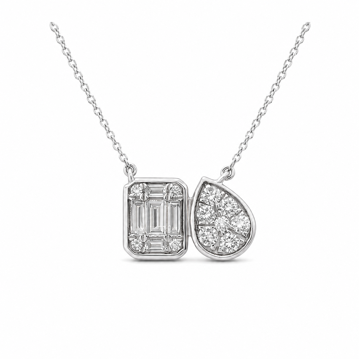 14k Gold Diamond Emerald & Pear Diamond Duo Pendant Necklace,  Statement Necklace, Adjustable Layering Necklace, Gift Idea, Love Dainty