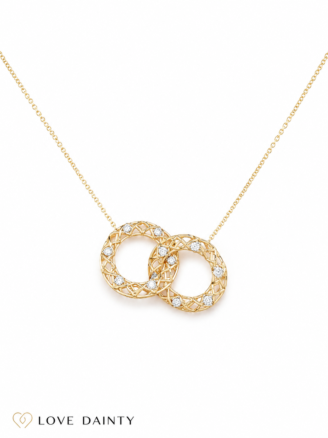 14k Gold Natural Diamond Interlocking Circle Necklace Pendant, Adjustable Layering Necklace, Minimalist Jewelry, Gift for Her, Love Dainty