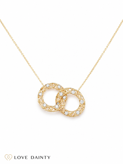 14k Gold Natural Diamond Interlocking Circle Necklace Pendant, Adjustable Layering Necklace, Minimalist Jewelry, Gift for Her, Love Dainty