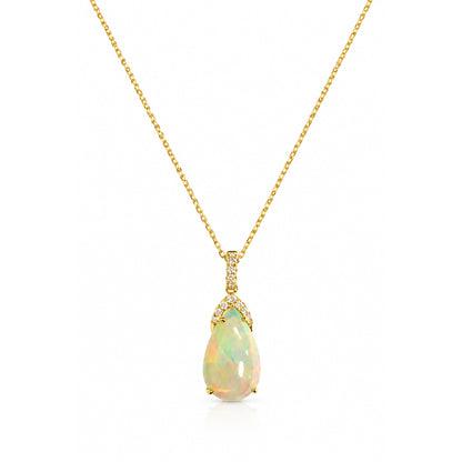 14k Gold Pear-Shaped Opal & Diamond Pendant Necklace