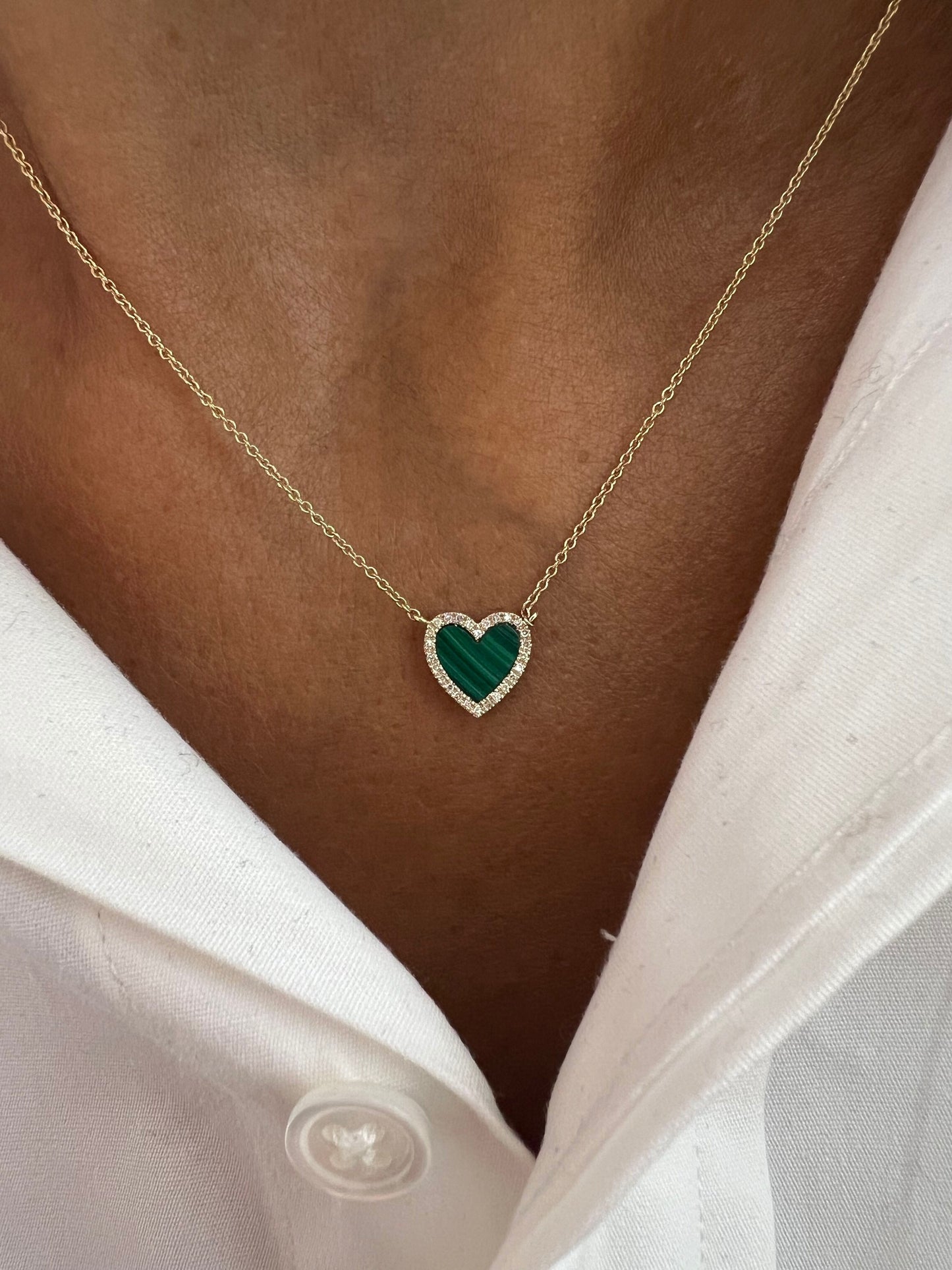 14k Gold Green Malachite Heart Necklace with Diamond Halo