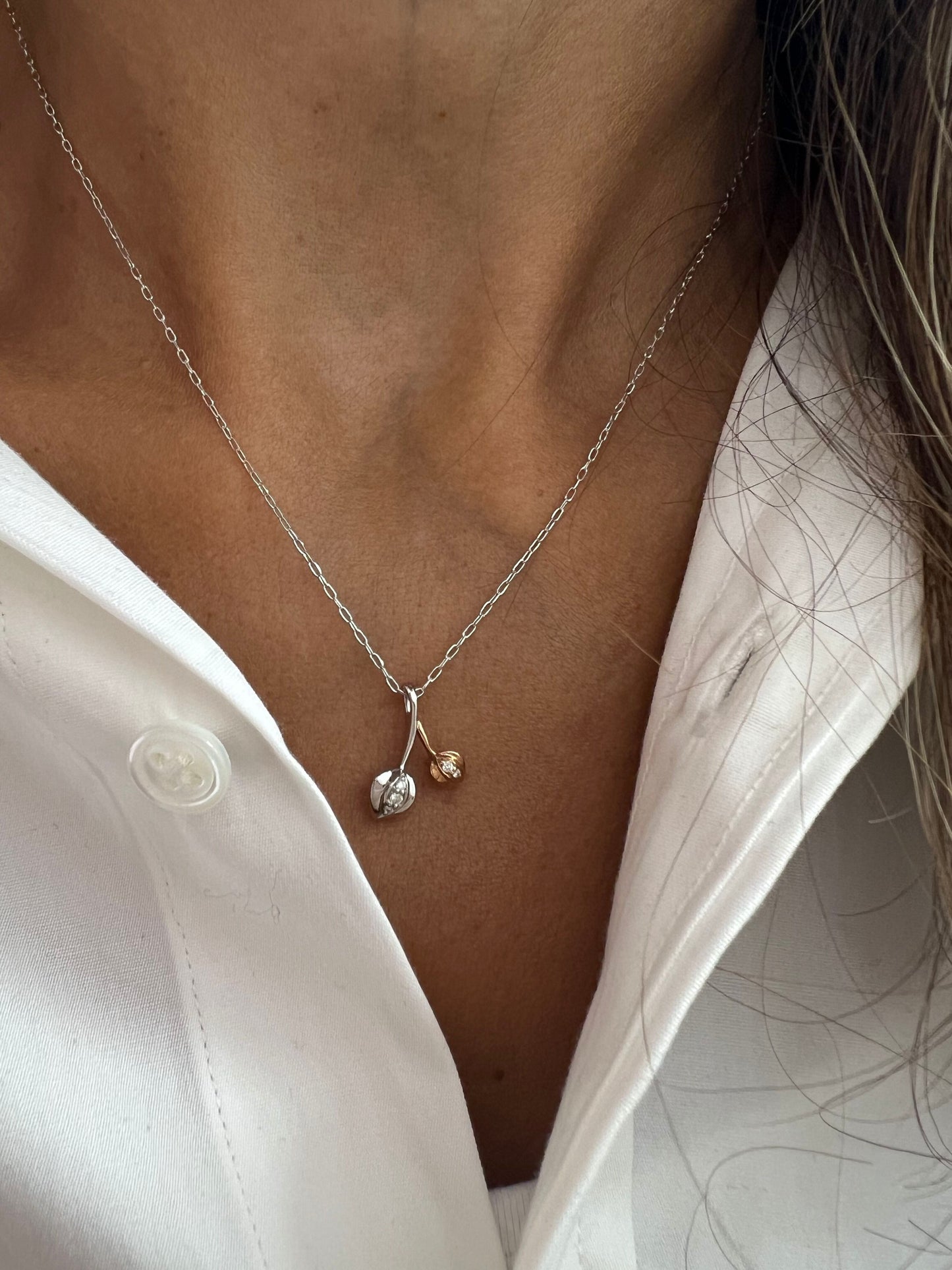 14K Two-Tone Gold Diamond Tulip Flower Pendant Necklace