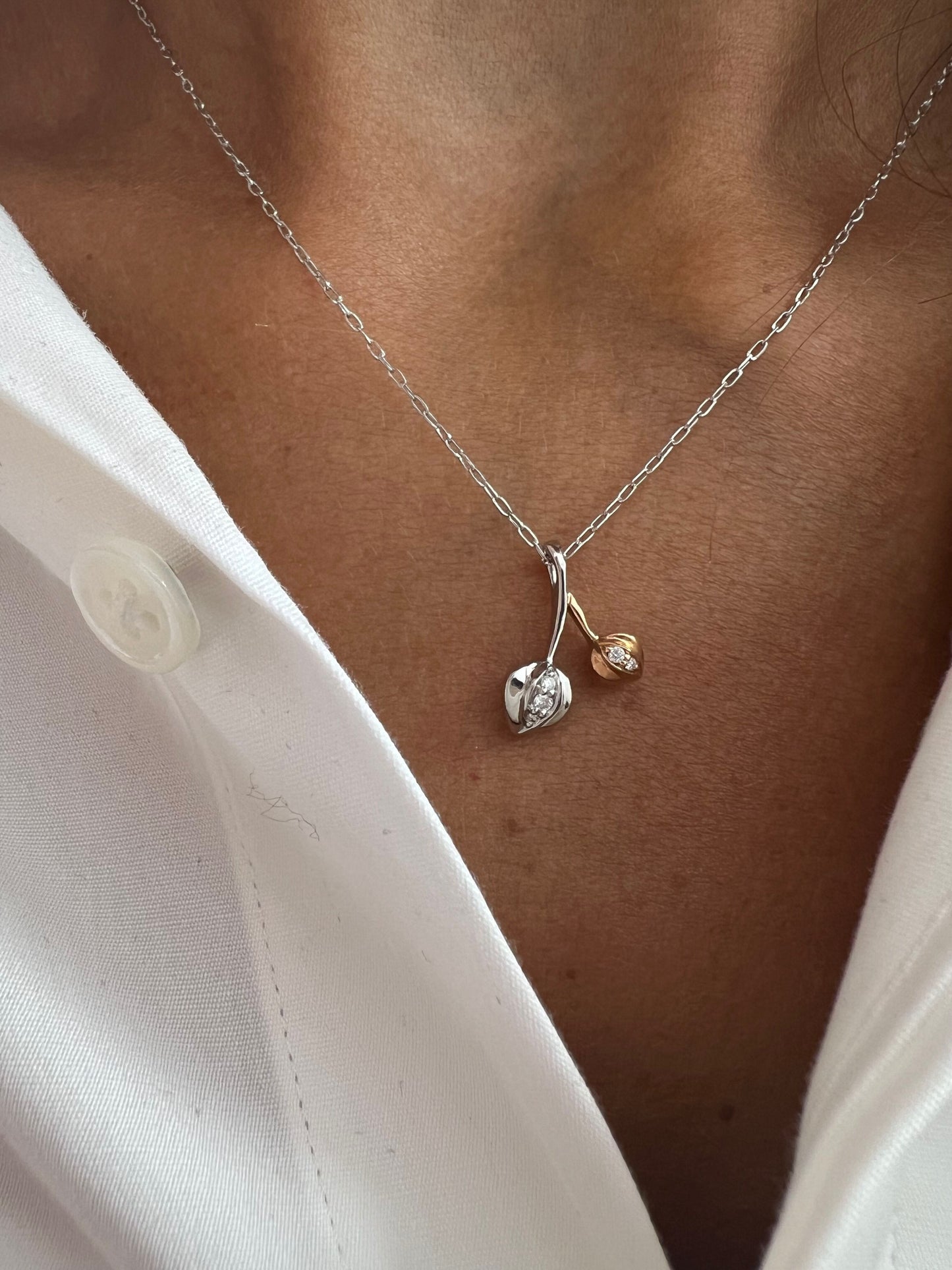 14K Two-Tone Gold Diamond Tulip Flower Pendant Necklace