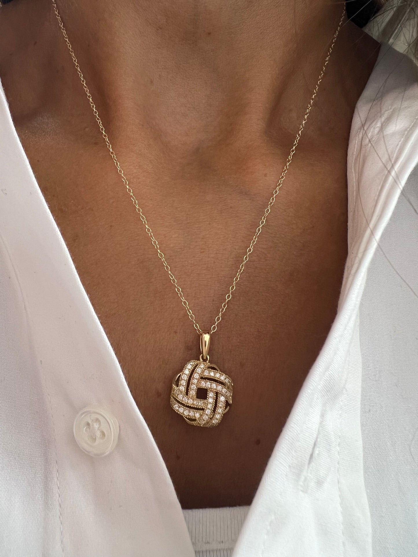 14k Gold Diamond Love Knot Interwoven Pendant Necklace