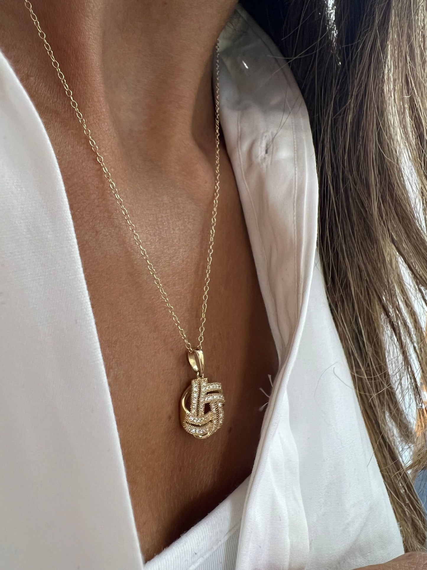 14k Gold Diamond Love Knot Interwoven Pendant Necklace