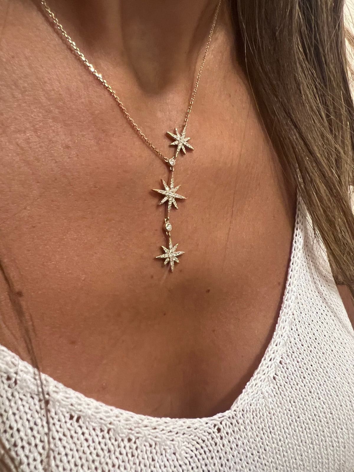 14k Gold Diamond Starburst Y Drop Lariat Necklace
