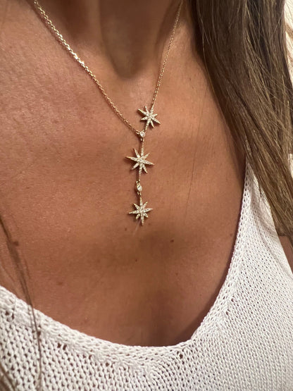 14k Gold Diamond Starburst Y Drop Lariat Necklace