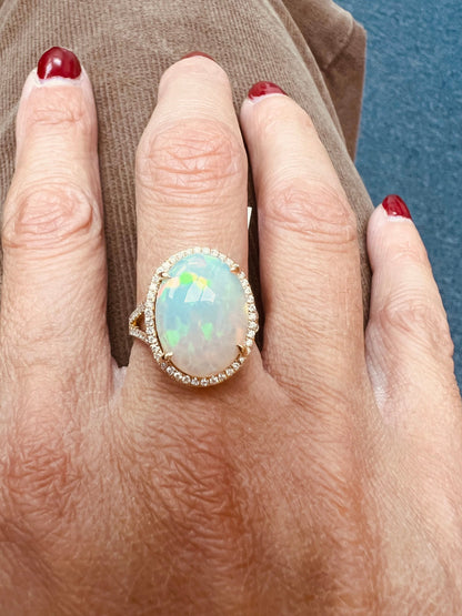 Handmade 14k Gold Opal & Diamond Ring, Dainty Statement Ring