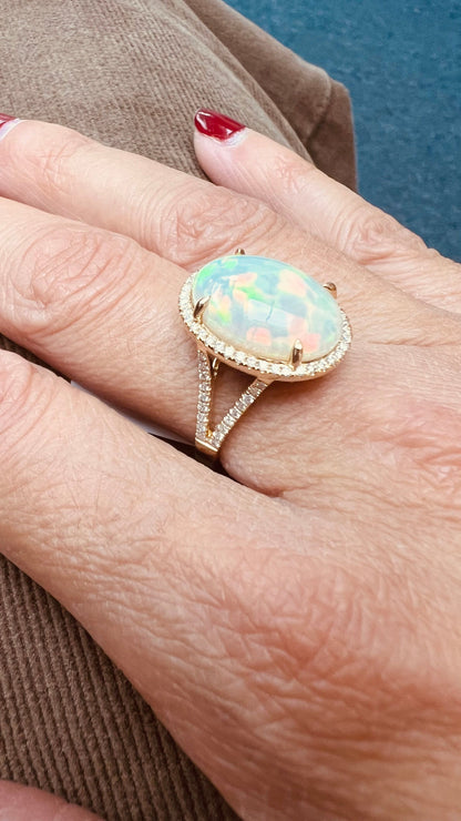 Handmade 14k Gold Opal & Diamond Ring, Dainty Statement Ring
