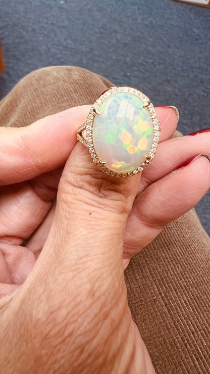 Handmade 14k Gold Opal & Diamond Ring, Dainty Statement Ring
