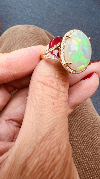 Handmade 14k Gold Opal & Diamond Ring, Dainty Statement Ring