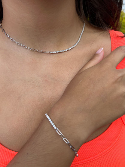 Sterling Silver Half Tennis Half Paperclip Necklace
