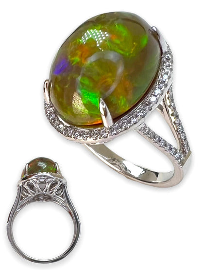 Handmade 14k Gold Opal & Diamond Ring, Dainty Statement Ring