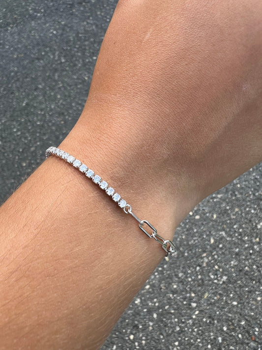 Sterling Silver Half Tennis Half Paperclip Bracelet