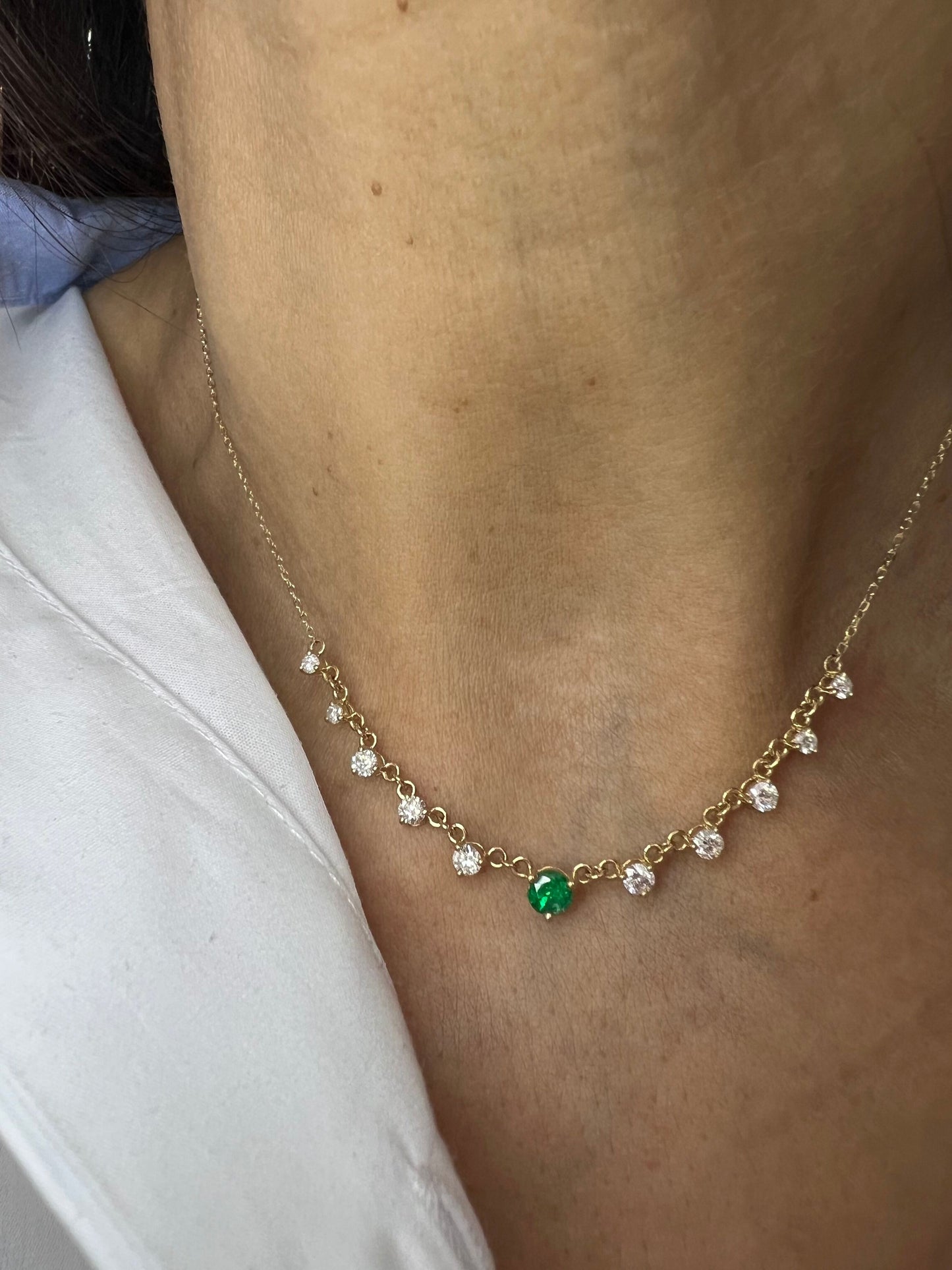 14K Gold Minimalist Emerald And Diamond Necklace