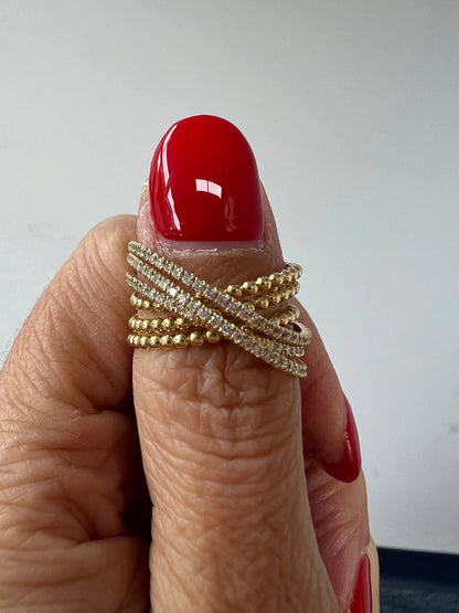 14k Gold Criss-Cross Diamond & Bead Ring