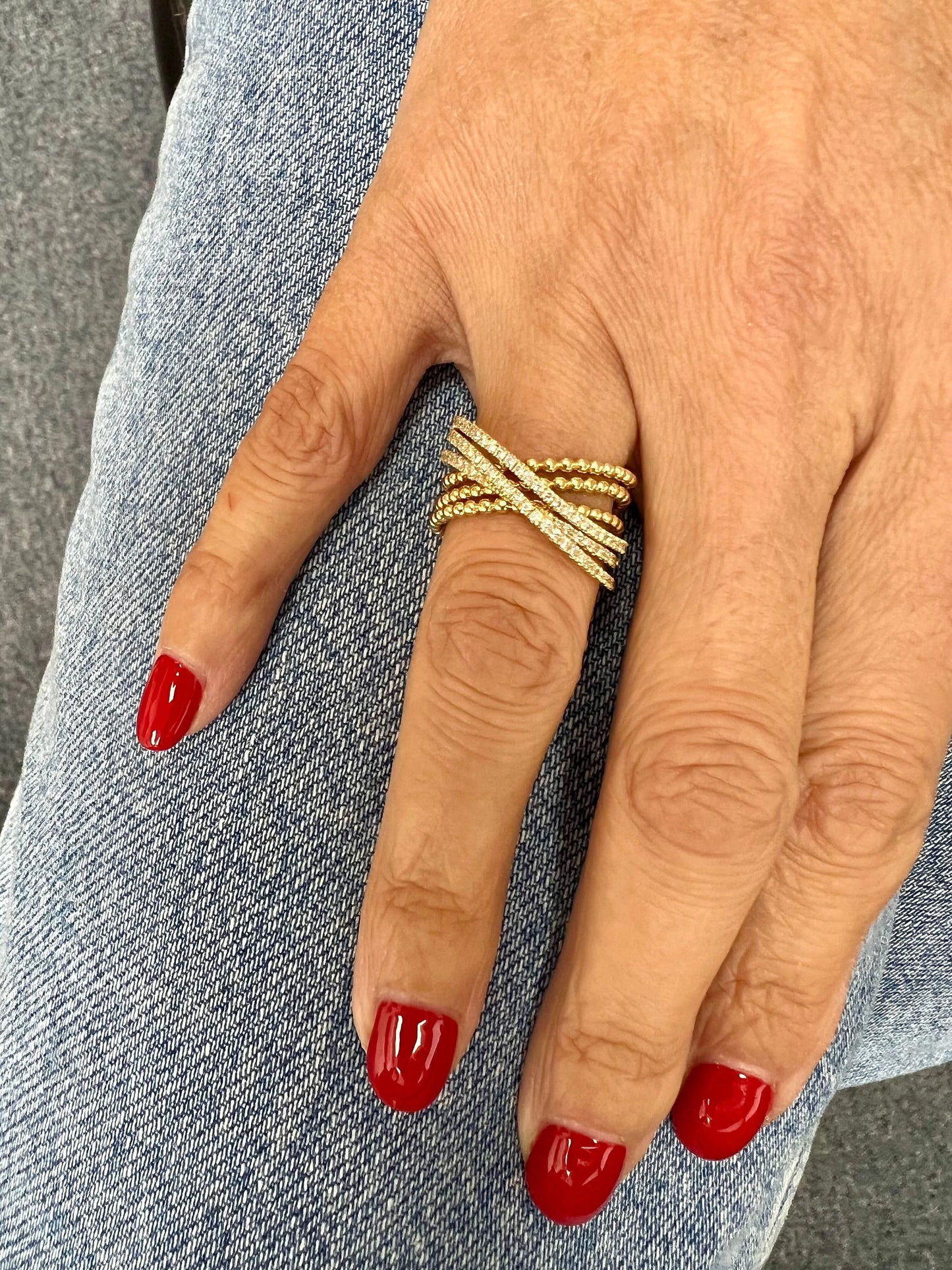 14k Gold Criss-Cross Diamond & Bead Ring