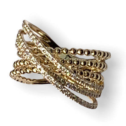 14k Gold Criss-Cross Diamond & Bead Ring