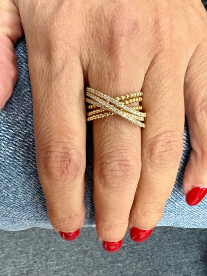 14k Gold Criss-Cross Diamond & Bead Ring