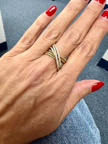 14k Gold Criss-Cross Diamond & Bead Ring