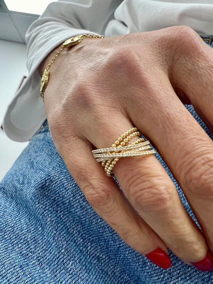 14k Gold Criss-Cross Diamond & Bead Ring