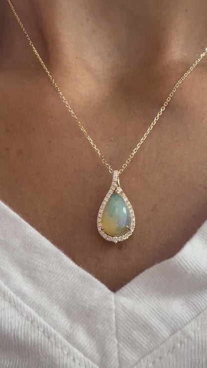 14k Gold Pear-Shaped Opal & Diamond Pendant Necklace