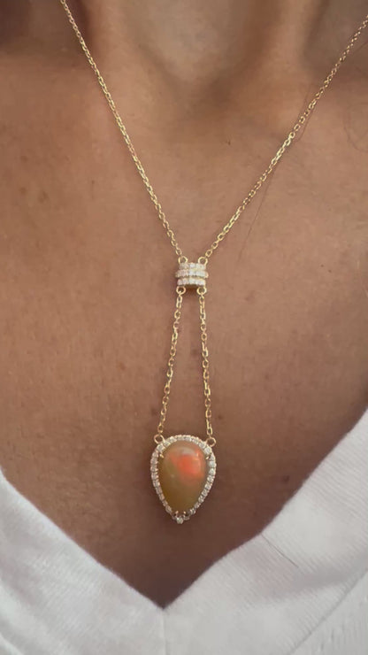 14k Solid Gold Natural Opal and Diamond Pear Drop Necklace