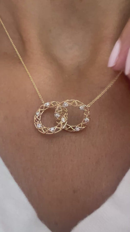 14k Gold Natural Diamond Interlocking Circle Necklace Pendant, Adjustable Layering Necklace, Minimalist Jewelry, Gift for Her, Love Dainty