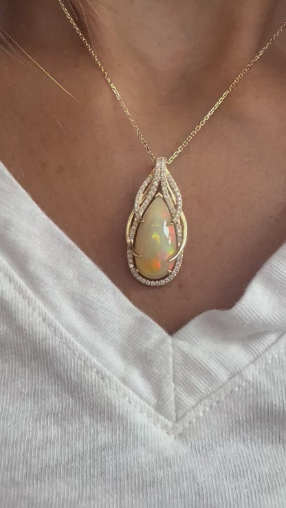14k Gold Pear-Shaped Opal & Diamond Necklace