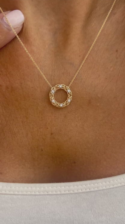 14k Gold Diamond Circle Necklace, Natural Diamond Open Circle Pendant