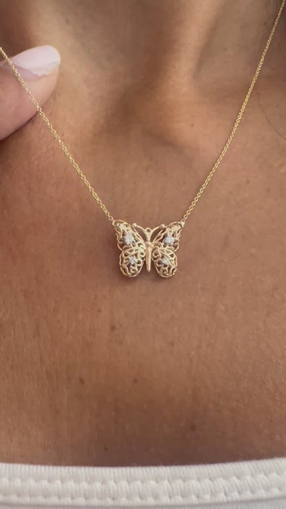 14k Gold Diamond Butterfly Necklace