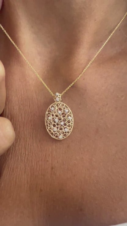 14k Gold Diamond Open Oval Bubble Pendant Necklace