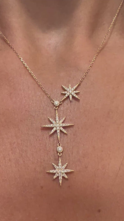 14k Gold Diamond Starburst Y Drop Lariat Necklace