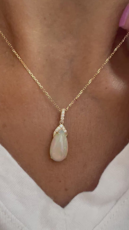 14k Gold Pear-Shaped Opal & Diamond Pendant Necklace