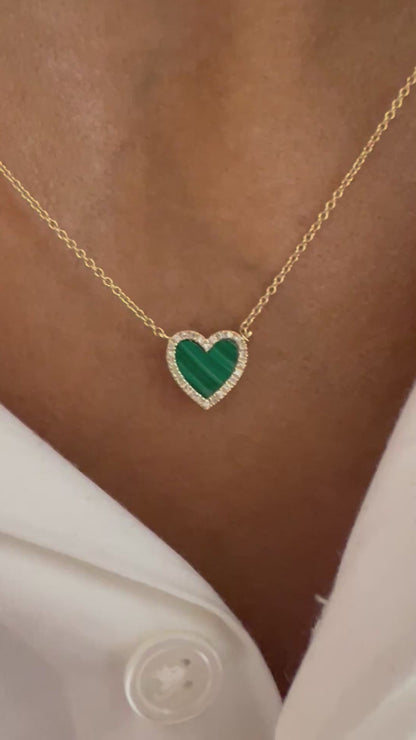 14k Gold Green Malachite Heart Necklace with Diamond Halo