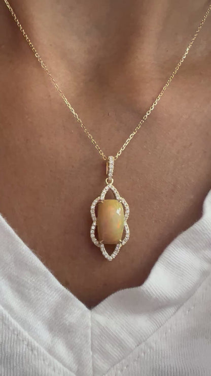 14k Gold Opal & Diamond Pendant Necklace