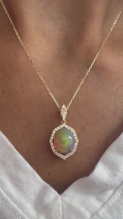 14k Gold Opal & Diamond Halo Necklace