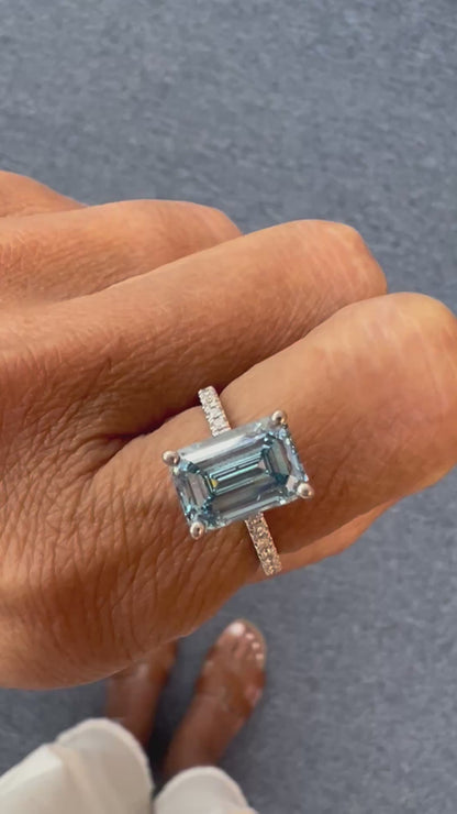 14K Gold Emerald Cut Fancy Vivid Blue Lab Grown Diamond Engagement Ring