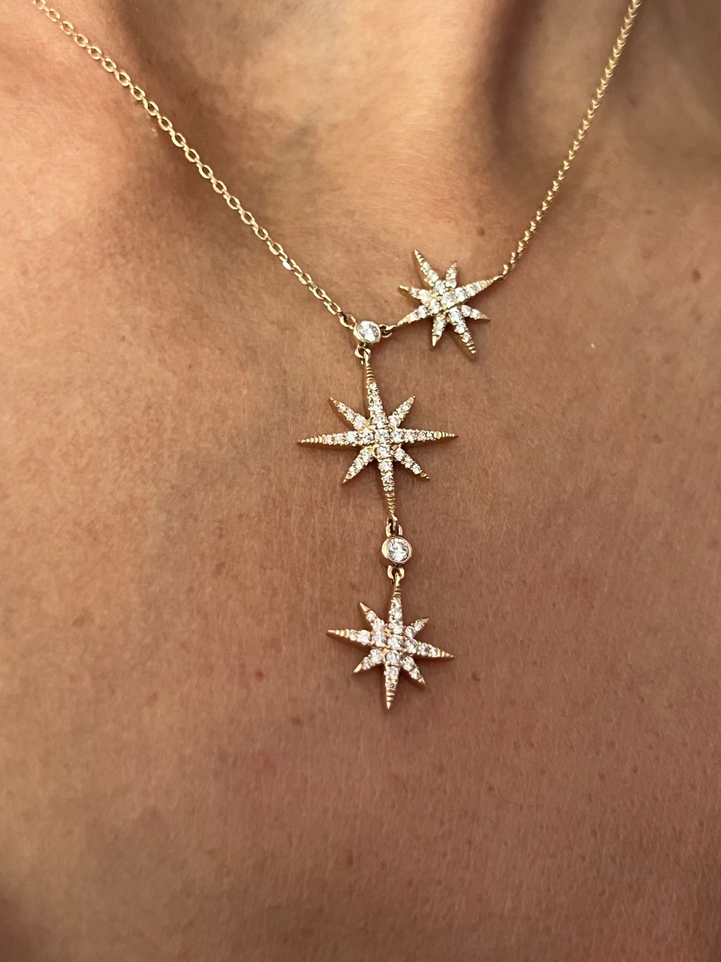 14k Gold Asymmetric Y Shape Drop Star Lariat Necklace