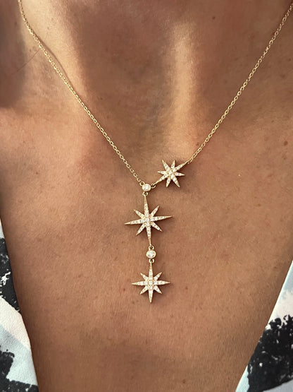14k Gold Asymmetric Y Shape Drop Star Lariat Necklace