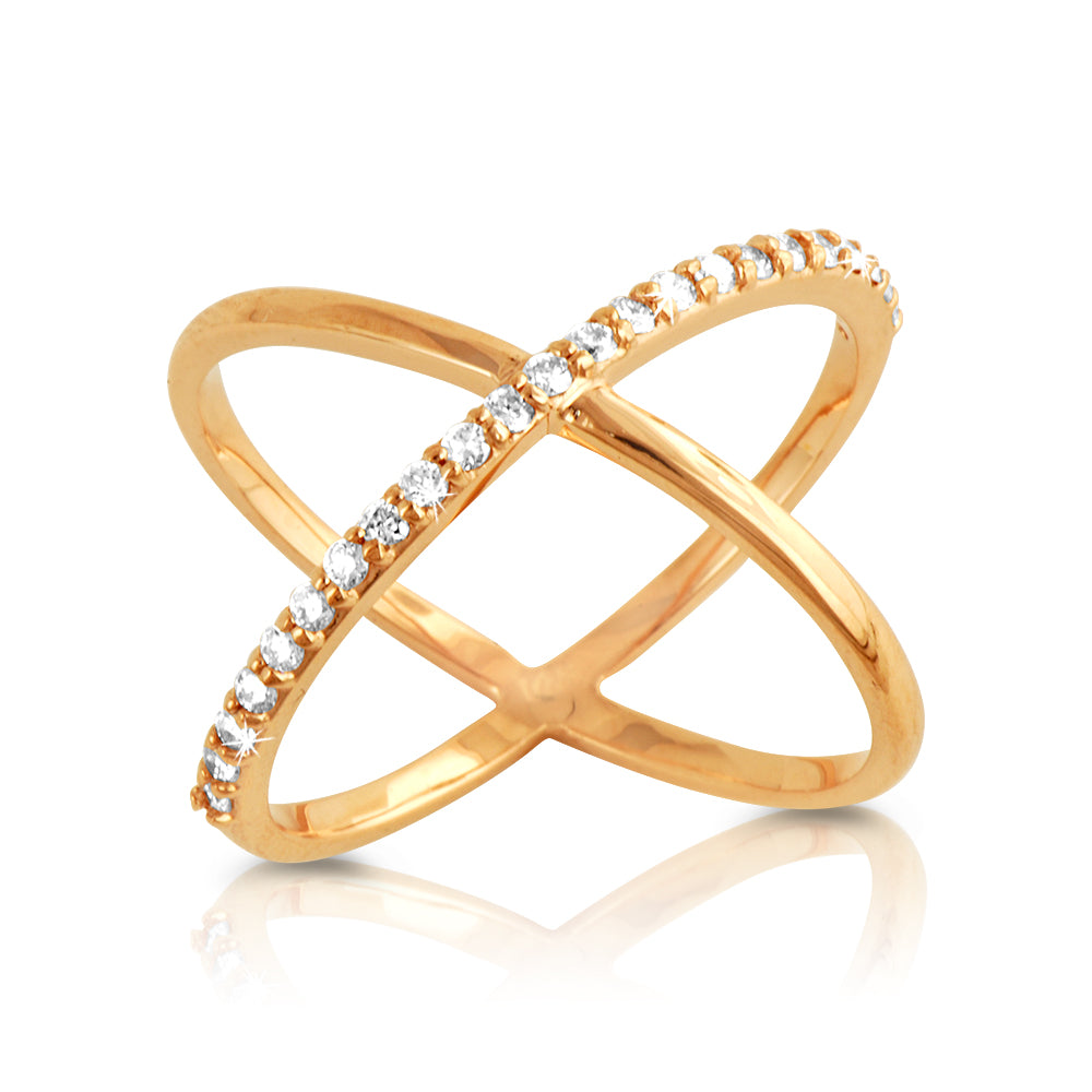 Sterling Silver Minimalist Cubic Zirconia X Geometric Crisscross Circle Orbit Ring